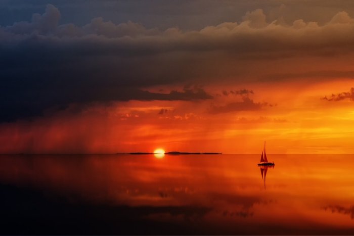Evening Sky Lake Sea Island Silhouette Tree